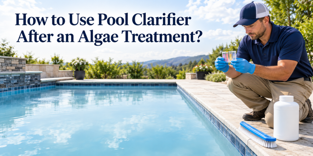 Pool technician checks water beside a cloudy blue swimming pool, with a clarifier bottle and pool brush nearby after algae treatment.