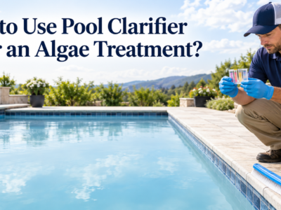 Pool technician checks water beside a cloudy blue swimming pool, with a clarifier bottle and pool brush nearby after algae treatment.