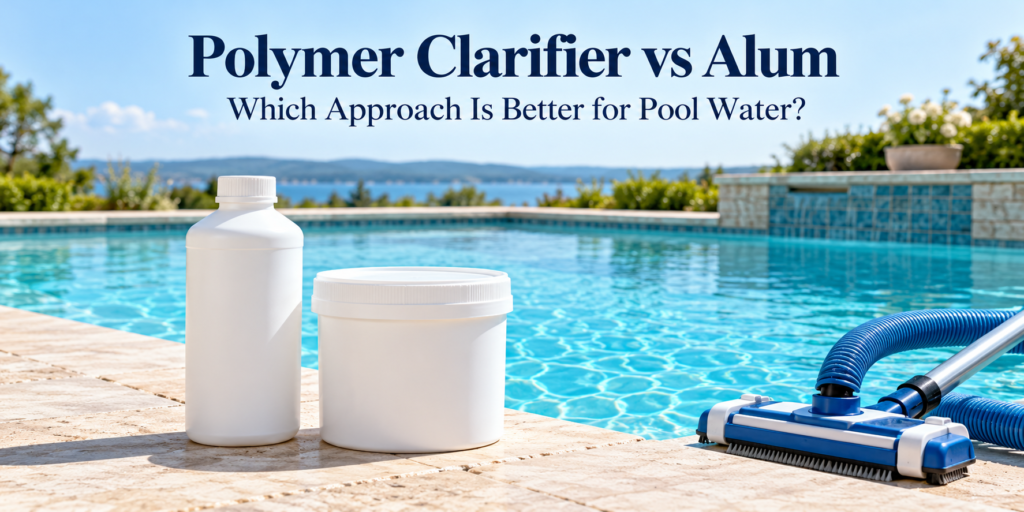 “White clarifier bottle and alum container beside a clear swimming pool, with a vacuum head and hose on the deck.”