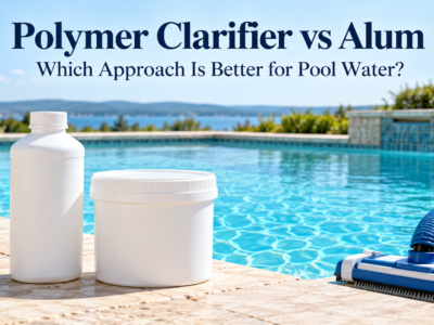 “White clarifier bottle and alum container beside a clear swimming pool, with a vacuum head and hose on the deck.”