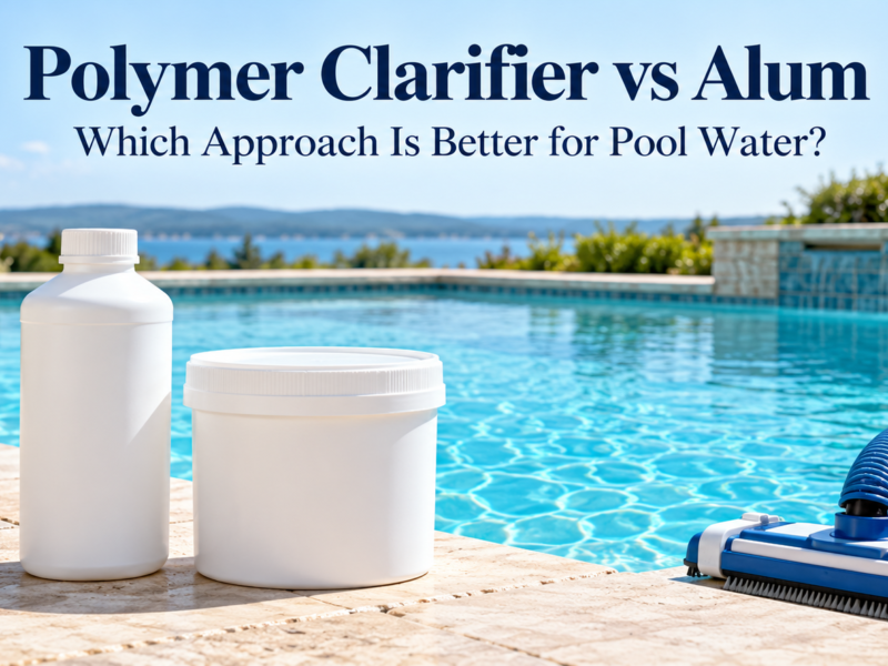 “White clarifier bottle and alum container beside a clear swimming pool, with a vacuum head and hose on the deck.”