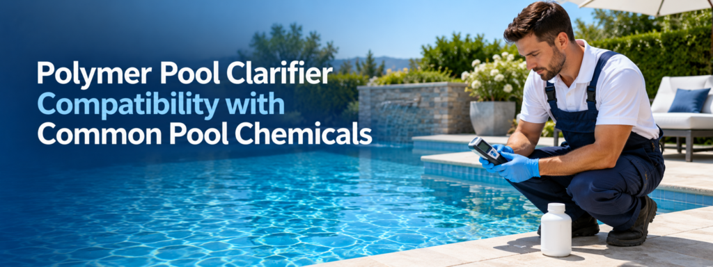 Pool technician checks water beside a clear swimming pool with a closed clarifier bottle on the deck.
