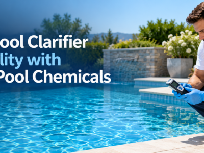 Pool technician checks water beside a clear swimming pool with a closed clarifier bottle on the deck.