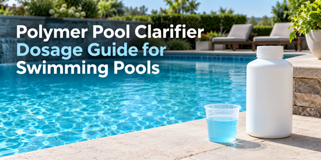 White clarifier bottle and measuring cup beside a clear blue swimming pool, with the title “Polymer Pool Clarifier Dosage Guide for Swimming Pools.”