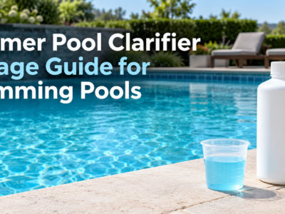 White clarifier bottle and measuring cup beside a clear blue swimming pool, with the title “Polymer Pool Clarifier Dosage Guide for Swimming Pools.”