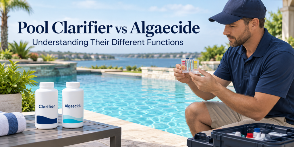 Pool technician testing swimming pool water beside bottles labeled Clarifier and Algaecide.