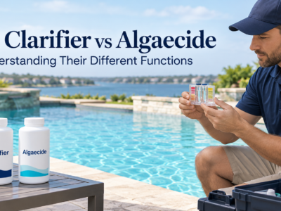 Pool technician testing swimming pool water beside bottles labeled Clarifier and Algaecide.