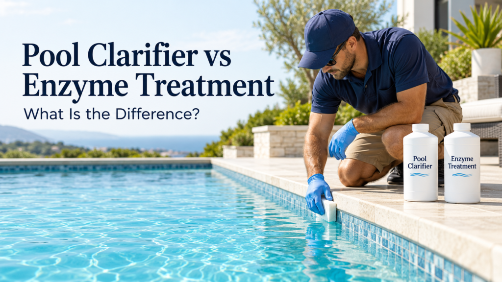 Pool technician cleaning a swimming pool waterline beside bottles labeled Pool Clarifier and Enzyme Treatment.