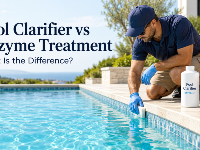 Pool technician cleaning a swimming pool waterline beside bottles labeled Pool Clarifier and Enzyme Treatment.