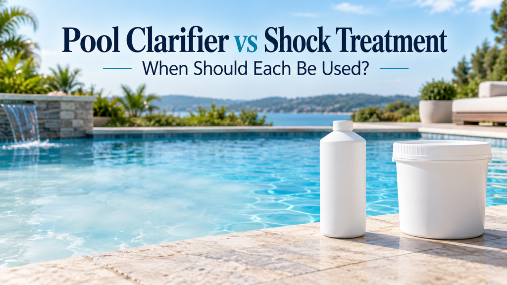 Pool clarifier bottle and shock treatment container beside a swimming pool, with the title “Pool Clarifier vs Shock Treatment: When Should Each Be Used?”