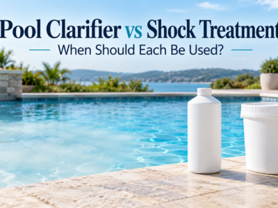 Pool clarifier bottle and shock treatment container beside a swimming pool, with the title “Pool Clarifier vs Shock Treatment: When Should Each Be Used?”