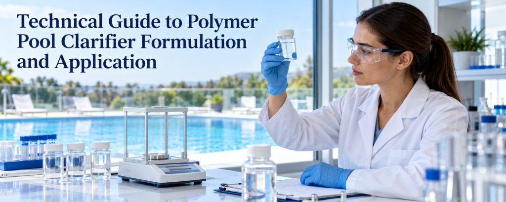 Laboratory technician examines a clear water sample beside testing equipment, with a swimming pool in the background and the polymer pool clarifier technical guide title above.