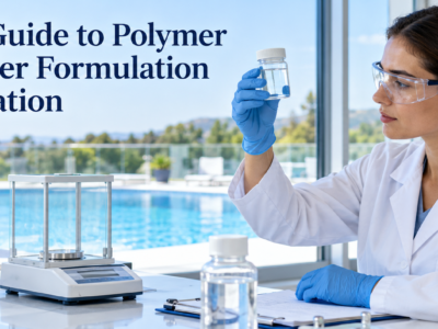 Laboratory technician examines a clear water sample beside testing equipment, with a swimming pool in the background and the polymer pool clarifier technical guide title above.