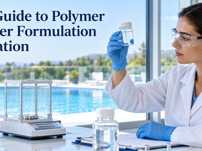 Laboratory technician examines a clear water sample beside testing equipment, with a swimming pool in the background and the polymer pool clarifier technical guide title above.