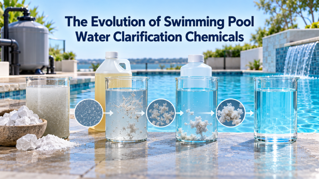 Evolution of swimming pool water clarification chemicals from traditional mineral coagulants to modern polymer clarifiers, showing fine particles forming filterable clusters and producing clear pool water.