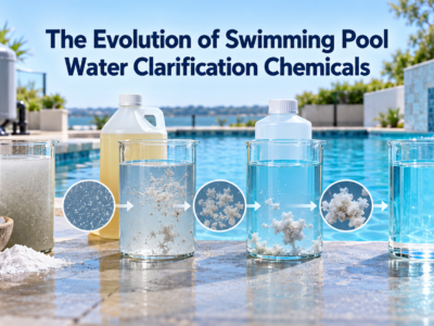 Evolution of swimming pool water clarification chemicals from traditional mineral coagulants to modern polymer clarifiers, showing fine particles forming filterable clusters and producing clear pool water.