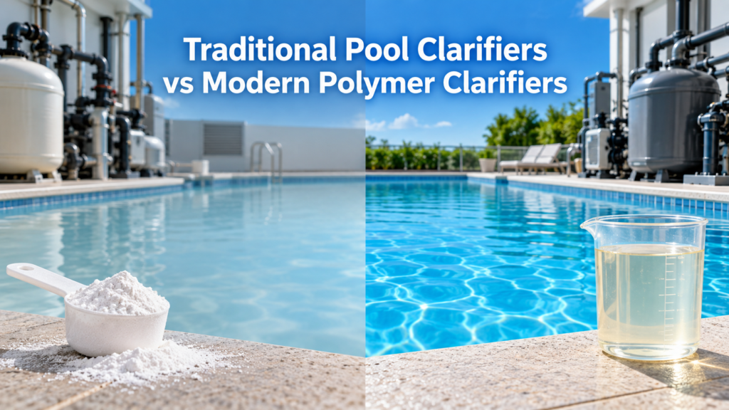 Traditional alum-based pool clarifier compared with a modern liquid polymer clarifier beside hazy and crystal-clear swimming pool water.