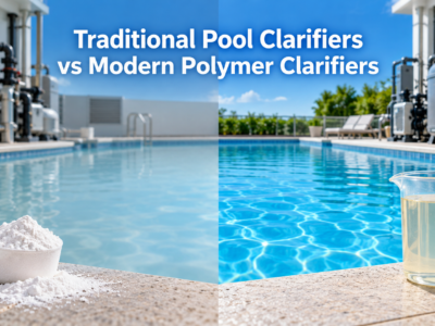 Traditional alum-based pool clarifier compared with a modern liquid polymer clarifier beside hazy and crystal-clear swimming pool water.