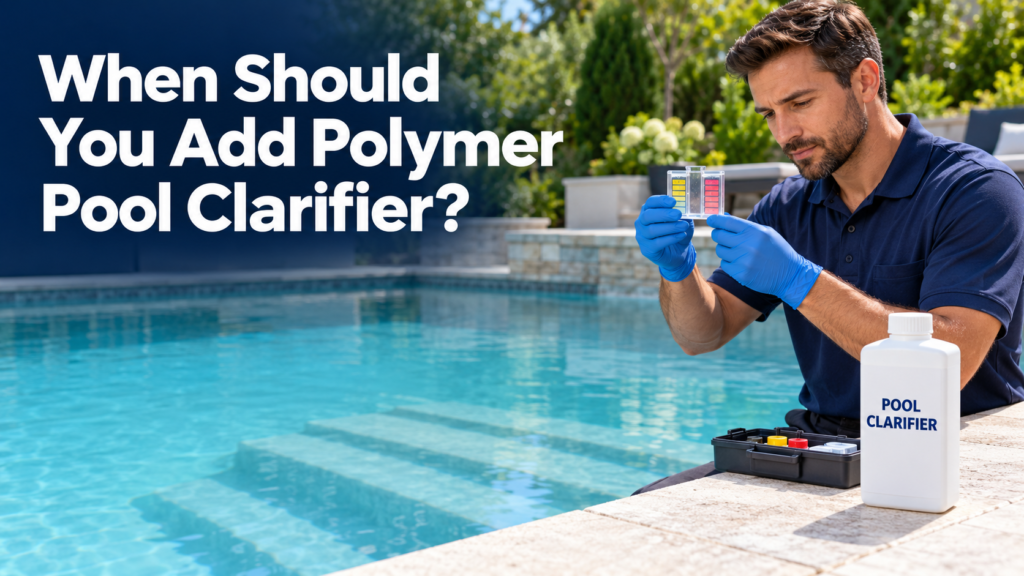 Pool technician testing swimming pool water beside a polymer pool clarifier bottle, with the headline “When Should You Add Polymer Pool Clarifier?”