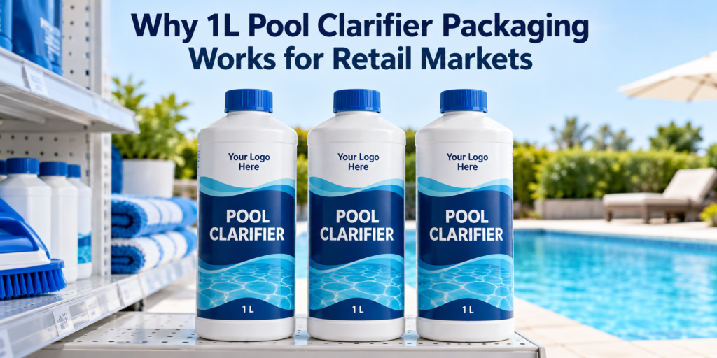 White 1L private label pool clarifier bottles with blue caps and blue labels displayed on a retail shelf beside a swimming pool.