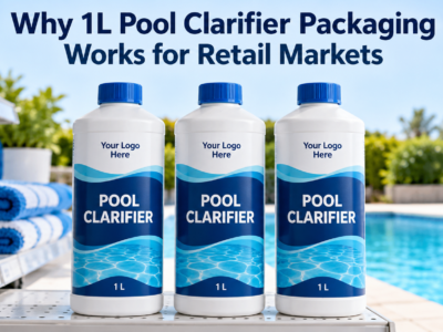 White 1L private label pool clarifier bottles with blue caps and blue labels displayed on a retail shelf beside a swimming pool.
