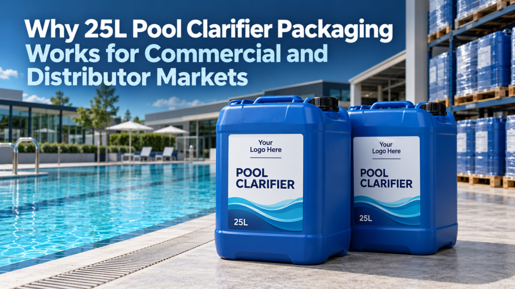 Blue 25L pool clarifier jerrycans with private label branding beside a commercial swimming pool and distributor warehouse.