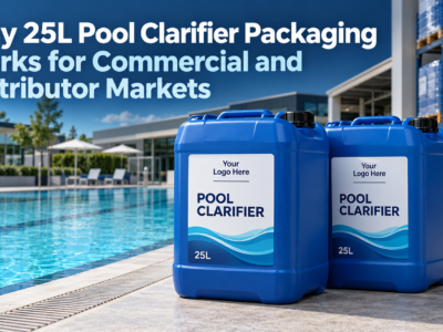 Blue 25L pool clarifier jerrycans with private label branding beside a commercial swimming pool and distributor warehouse.