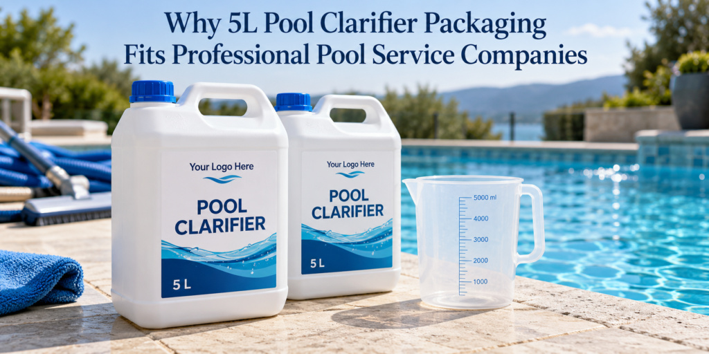 White 5L private label pool clarifier jerrycans beside a swimming pool, illustrating packaging for professional pool service companies.