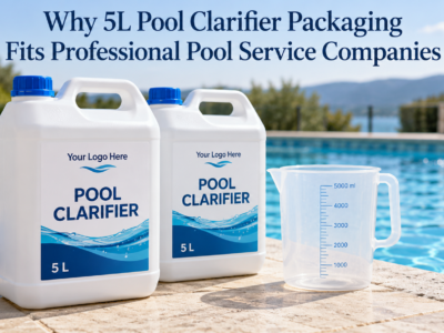 White 5L private label pool clarifier jerrycans beside a swimming pool, illustrating packaging for professional pool service companies.