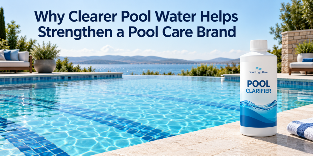 Clear swimming pool with visible blue floor tiles and a private-label pool clarifier bottle, illustrating how water clarity supports pool care brand trust.