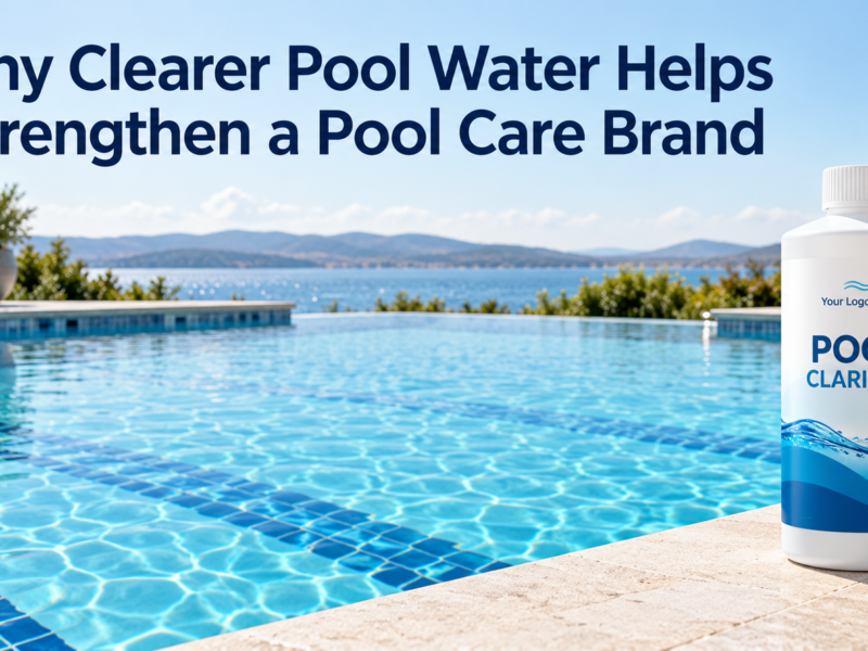 Clear swimming pool with visible blue floor tiles and a private-label pool clarifier bottle, illustrating how water clarity supports pool care brand trust.