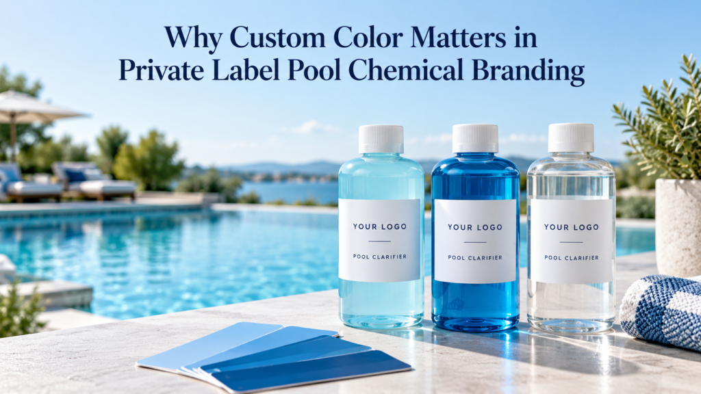 Private label pool clarifier bottles with clear and blue liquids beside a swimming pool, with color samples for pool chemical branding.