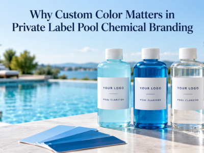 Private label pool clarifier bottles with clear and blue liquids beside a swimming pool, with color samples for pool chemical branding.