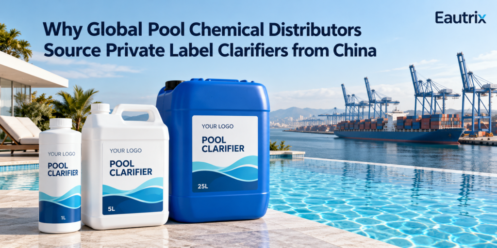 Private label pool clarifier packaging in 1L, 5L, and 25L sizes beside a swimming pool, with a container port illustrating international sourcing from China.