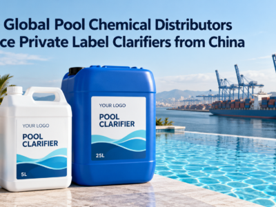 Private label pool clarifier packaging in 1L, 5L, and 25L sizes beside a swimming pool, with a container port illustrating international sourcing from China.