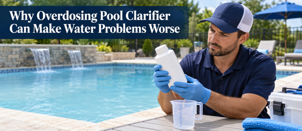 Pool technician checks a clarifier bottle beside a hazy swimming pool, with a measuring cup ready for accurate dosing.