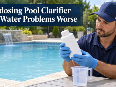 Pool technician checks a clarifier bottle beside a hazy swimming pool, with a measuring cup ready for accurate dosing.