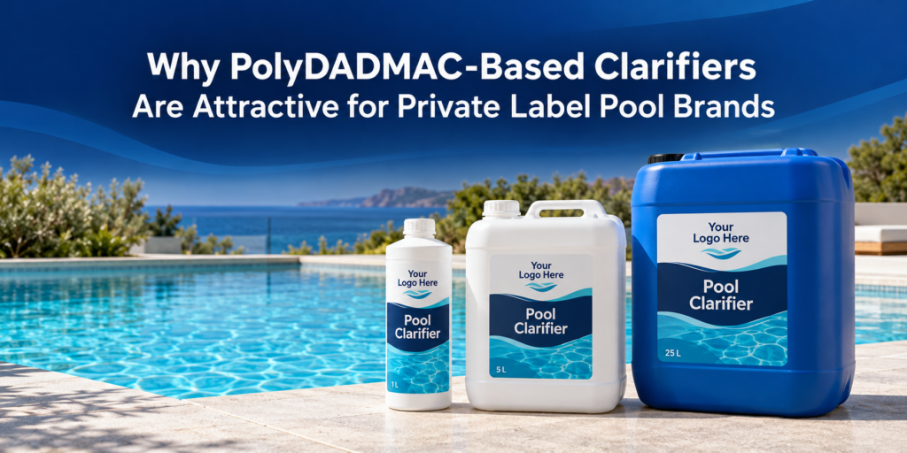 Private label pool clarifier packaging concept showing 1 L, 5 L, and 25 L containers beside a clear swimming pool.