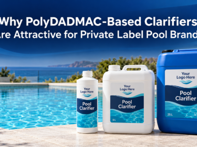 Private label pool clarifier packaging concept showing 1 L, 5 L, and 25 L containers beside a clear swimming pool.