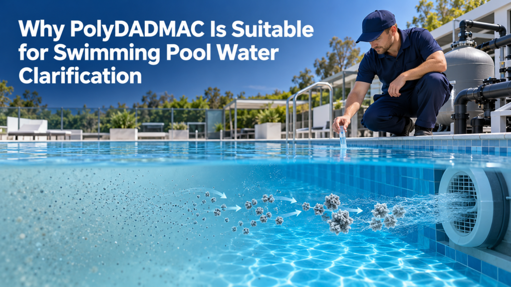 PolyDADMAC helps fine suspended particles form larger clusters for removal by a swimming pool filtration system.