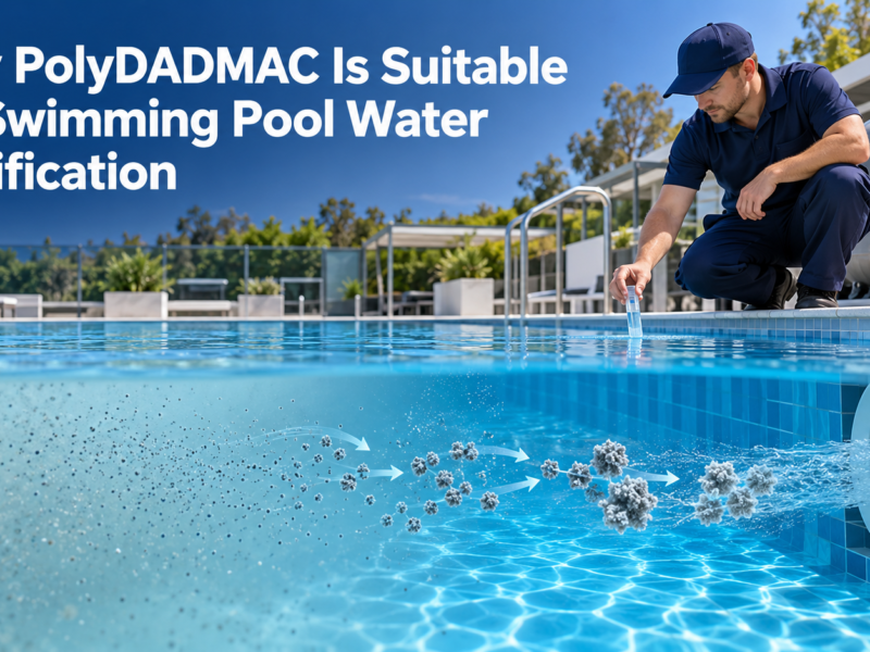PolyDADMAC helps fine suspended particles form larger clusters for removal by a swimming pool filtration system.