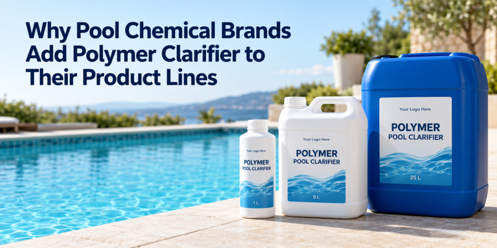 Private-label polymer pool clarifier in 1 L, 5 L, and 25 L containers beside a clear swimming pool.