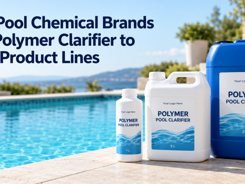 Private-label polymer pool clarifier in 1 L, 5 L, and 25 L containers beside a clear swimming pool.