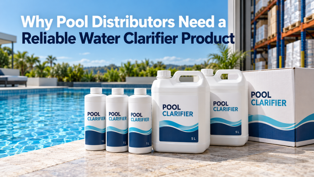 Pool clarifier bottles, jerrycans, and a shipping carton beside a clear swimming pool, illustrating reliable supply for pool distributors.