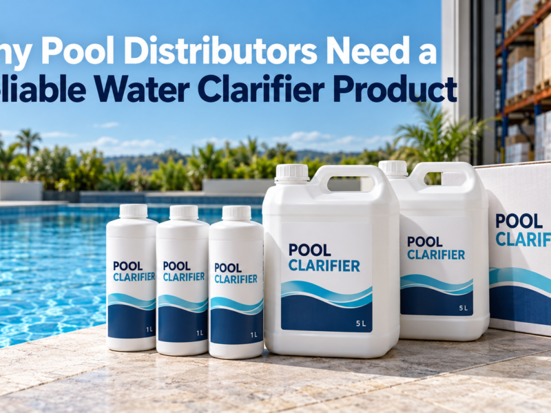 Pool clarifier bottles, jerrycans, and a shipping carton beside a clear swimming pool, illustrating reliable supply for pool distributors.