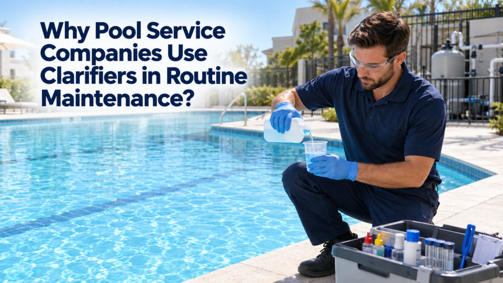 Pool service technician measuring liquid clarifier beside a clear commercial swimming pool during routine maintenance.