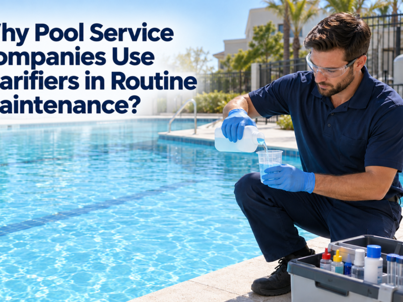 Pool service technician measuring liquid clarifier beside a clear commercial swimming pool during routine maintenance.
