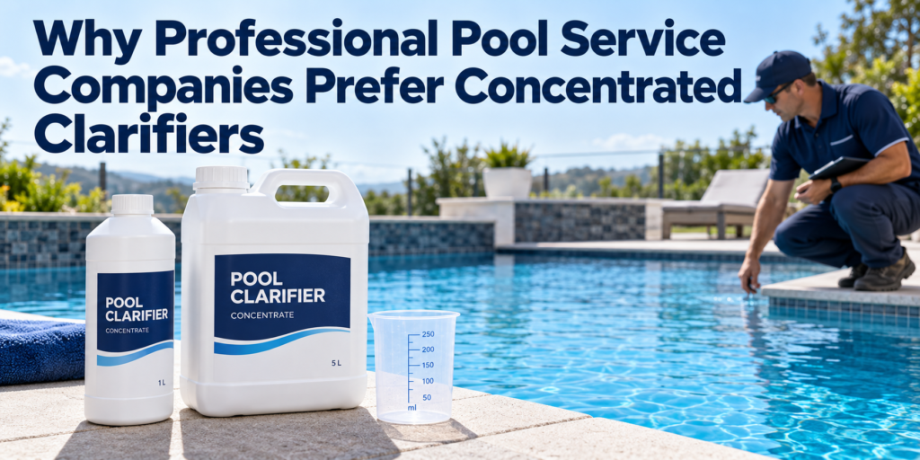 Concentrated pool clarifier bottle and jerrycan beside a measuring cup, with a professional technician checking clear swimming pool water.