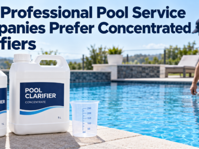 Concentrated pool clarifier bottle and jerrycan beside a measuring cup, with a professional technician checking clear swimming pool water.