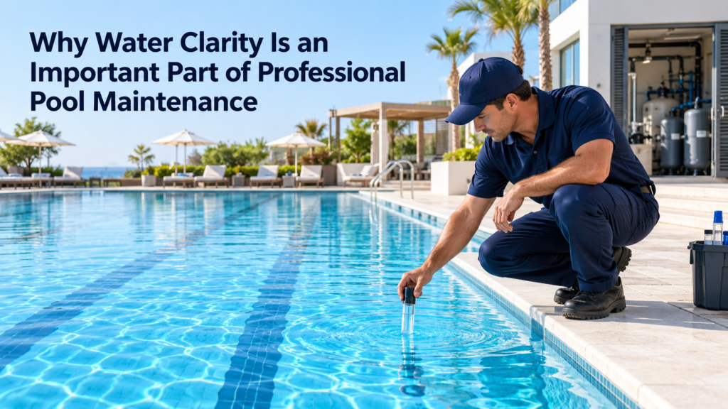 Professional pool technician testing crystal-clear water at a commercial resort pool during routine maintenance.